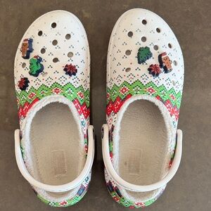 Crocs - white with Christmas detail and charms. Fuzzy inside!